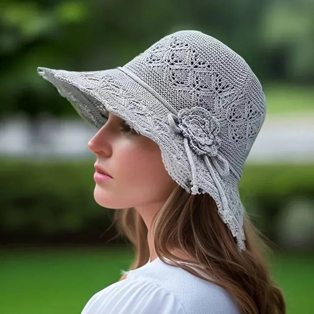 Sombrero para el sol para mujer de ala ancha con detalles de ganchillo