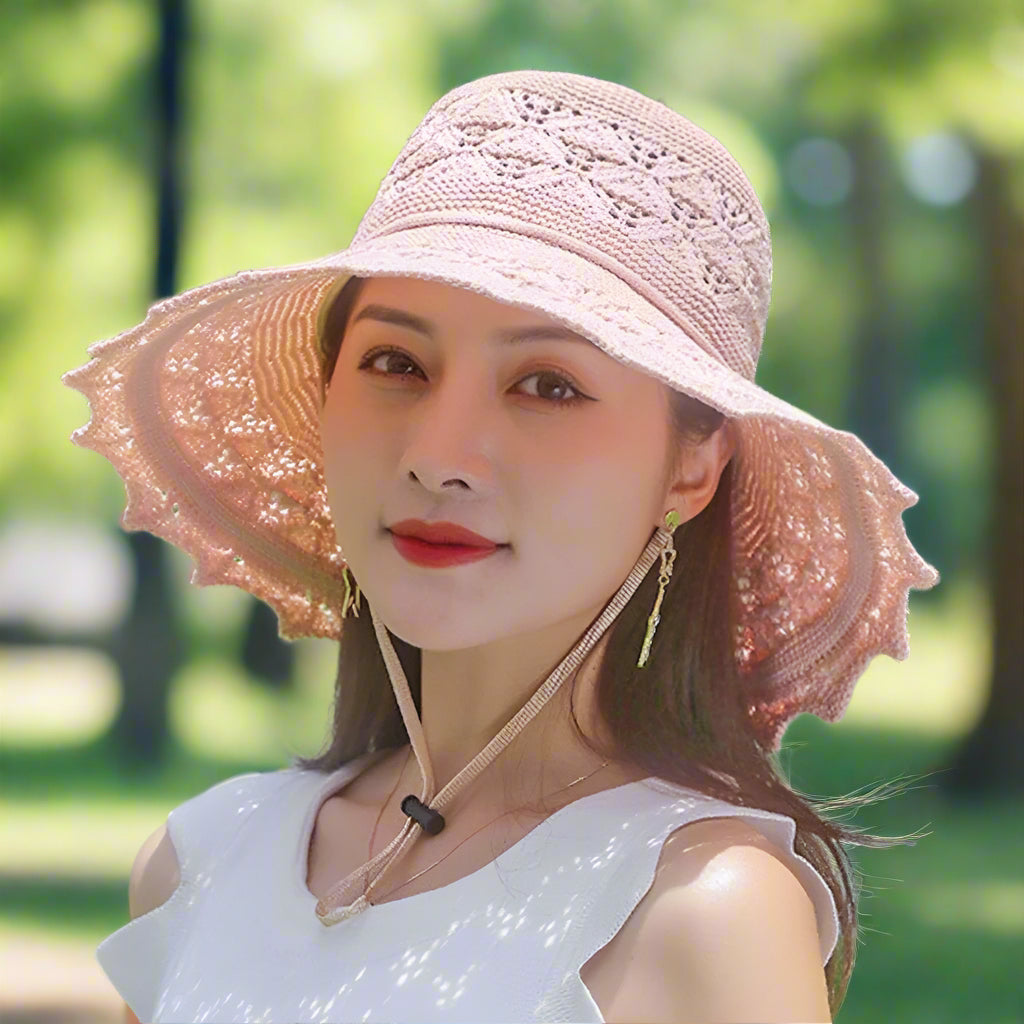 Sombrero para el sol para mujer de ala ancha con detalles de ganchillo