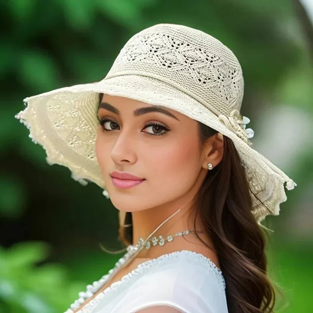 Sombrero para el sol para mujer de ala ancha con detalles de ganchillo