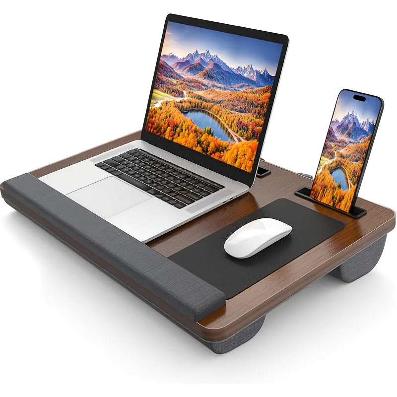 Soporte ergonómico para ordenador portátil con reposamuñecas y ranuras para dispositivos