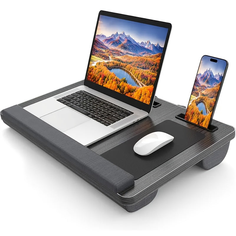 Soporte ergonómico para ordenador portátil con reposamuñecas y ranuras para dispositivos