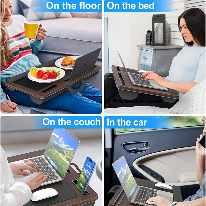Soporte ergonómico para ordenador portátil con reposamuñecas y ranuras para dispositivos