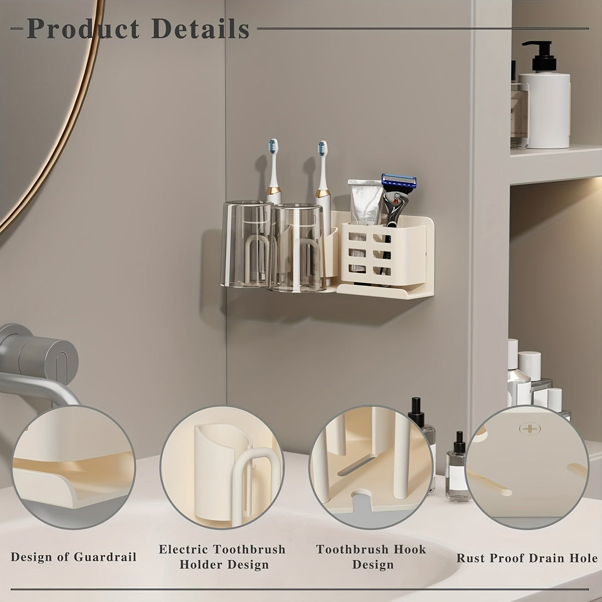Soporte Mural de Aluminio para Cepillo de Dientes Eléctrico – Organizador de Baño con Orificios de Drenaje