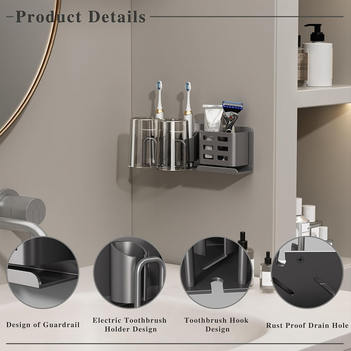 Soporte Mural de Aluminio para Cepillo de Dientes Eléctrico – Organizador de Baño con Orificios de Drenaje