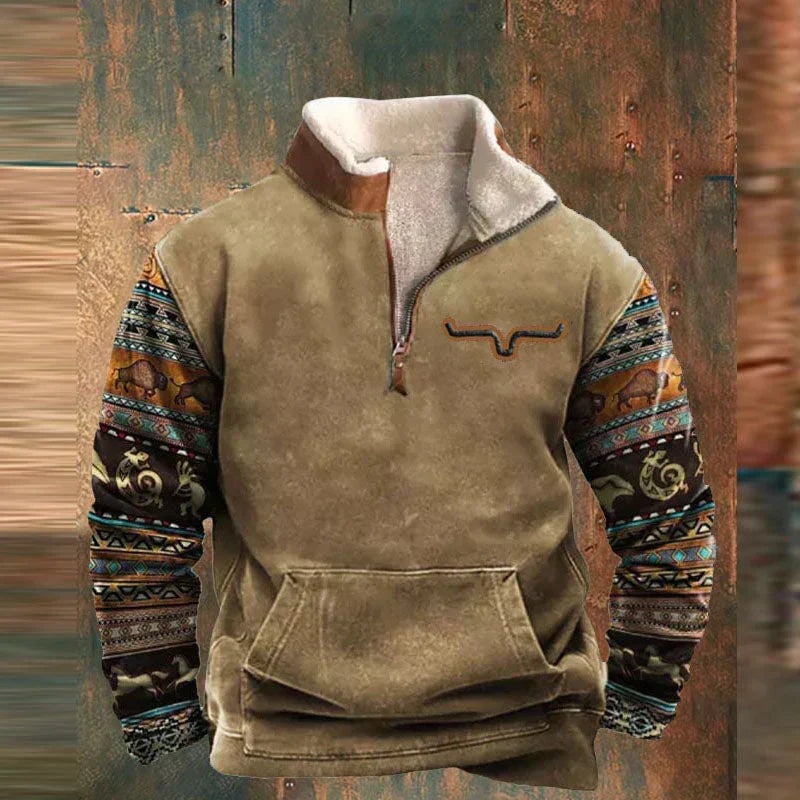 Sudadera de forro polar para hombre de estilo western con cuarto de cremallera
