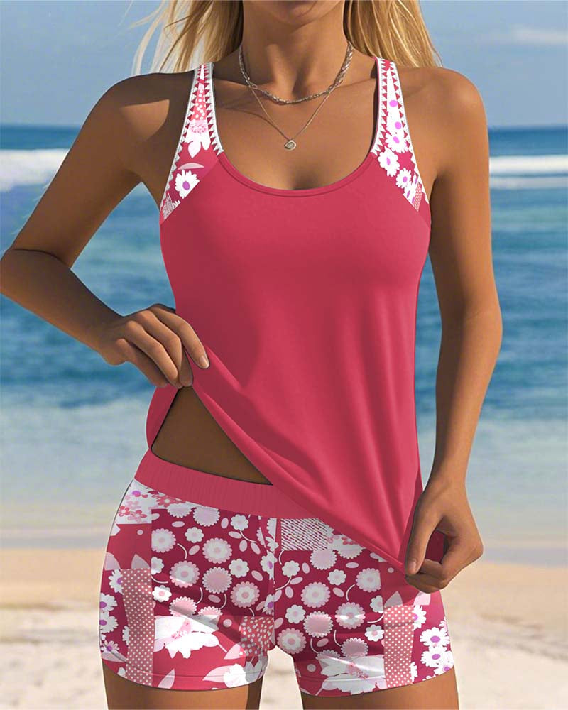 Tankini floral con tirantes ajustables y pantalones cortos cómodos - Multicolor