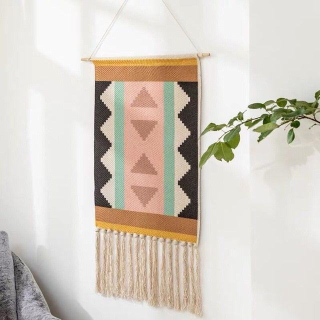 Tapiz de Pared Tejido con Estampado Geométrico y Borlas