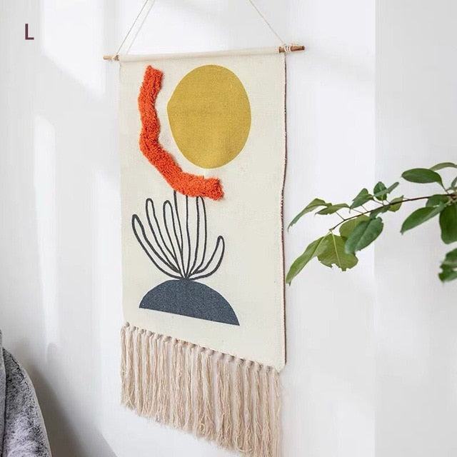 Tapiz de Pared Tejido con Estampado Geométrico y Borlas
