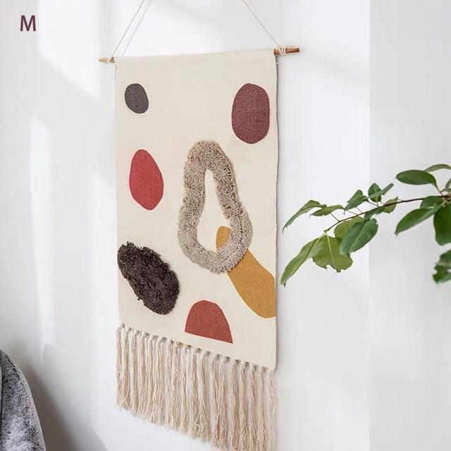 Tapiz de Pared Tejido con Estampado Geométrico y Borlas