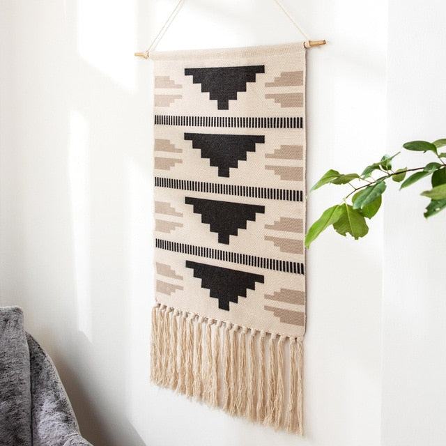 Tapiz de Pared Tejido con Estampado Geométrico y Borlas