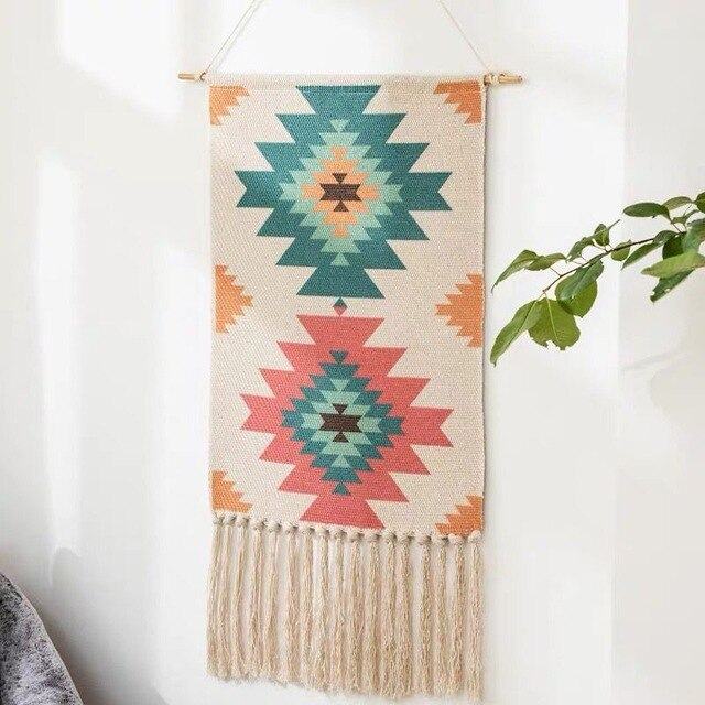 Tapiz de Pared Tejido con Estampado Geométrico y Borlas