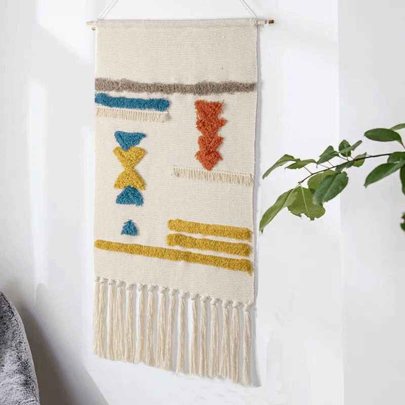 Tapiz de Pared Tejido con Estampado Geométrico y Borlas
