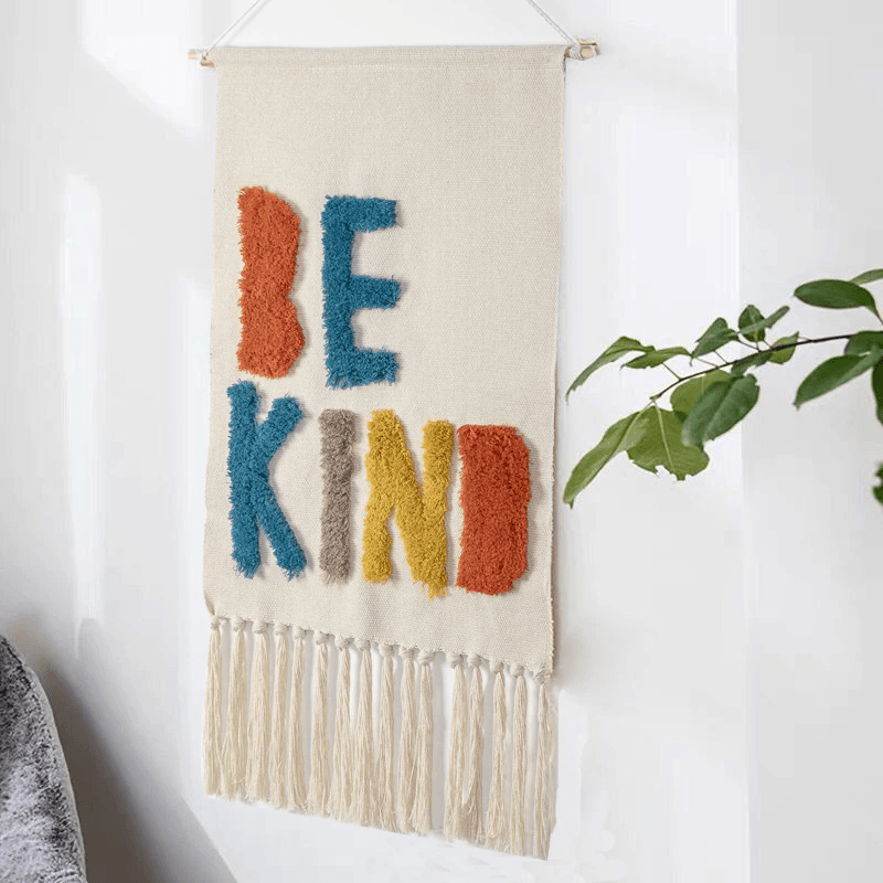 Tapiz de Pared Tejido con Estampado Geométrico y Borlas