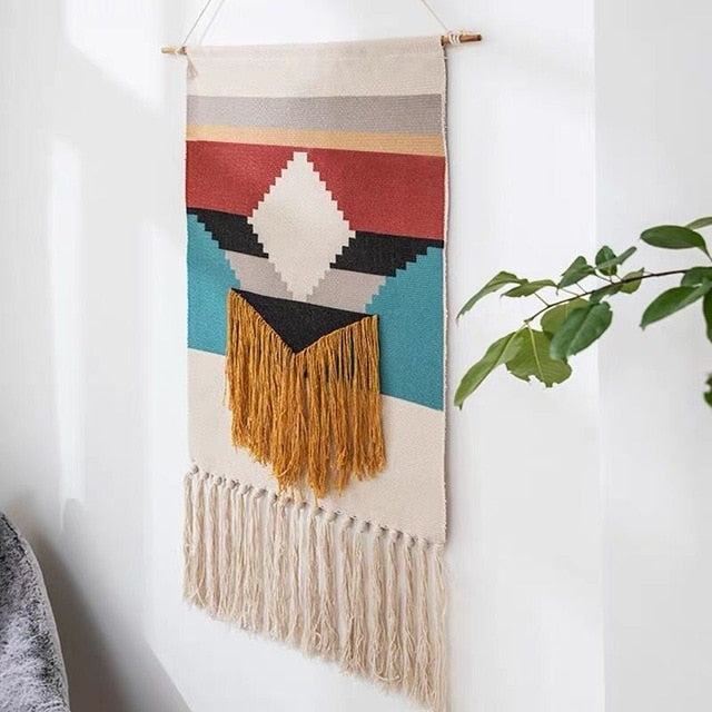 Tapiz de Pared Tejido con Estampado Geométrico y Borlas