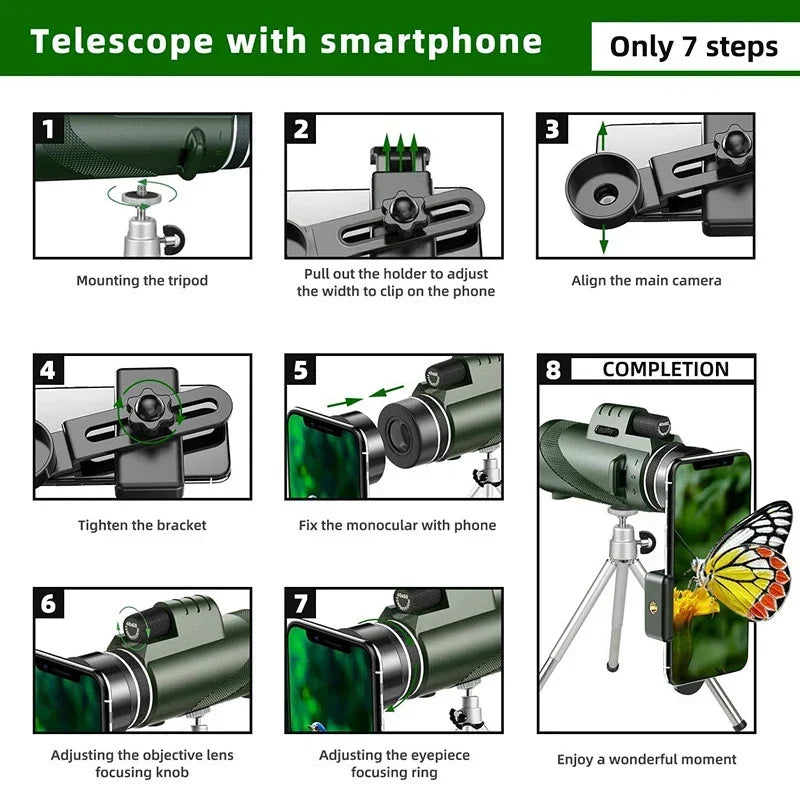 Telescopio monocular con zoom HD 80x100: Potente telescopio portátil para caza, camping y exploración al aire libre de viaje