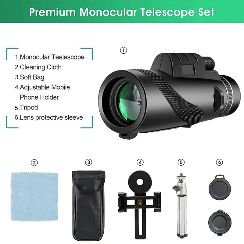 Telescopio monocular con zoom HD 80x100: Potente telescopio portátil para caza, camping y exploración al aire libre de viaje