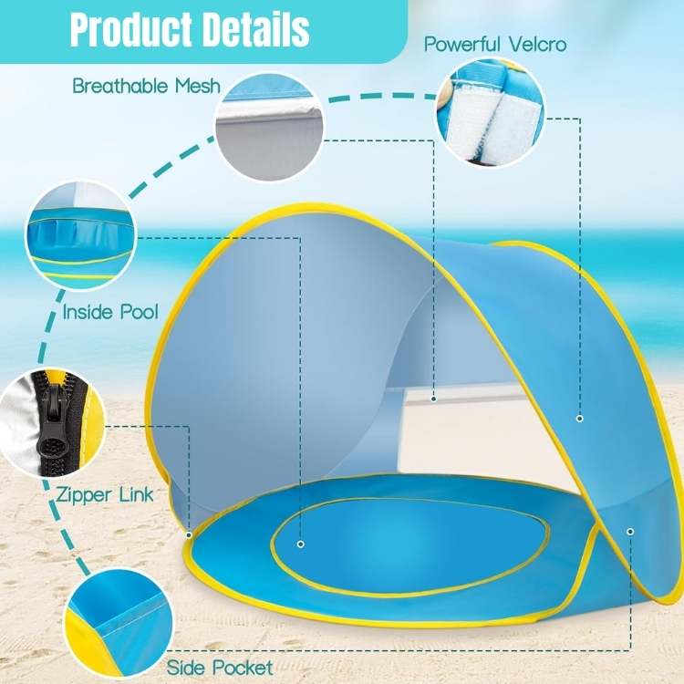 Tienda de campaña de playa pop-up para bebé con piscina integrada