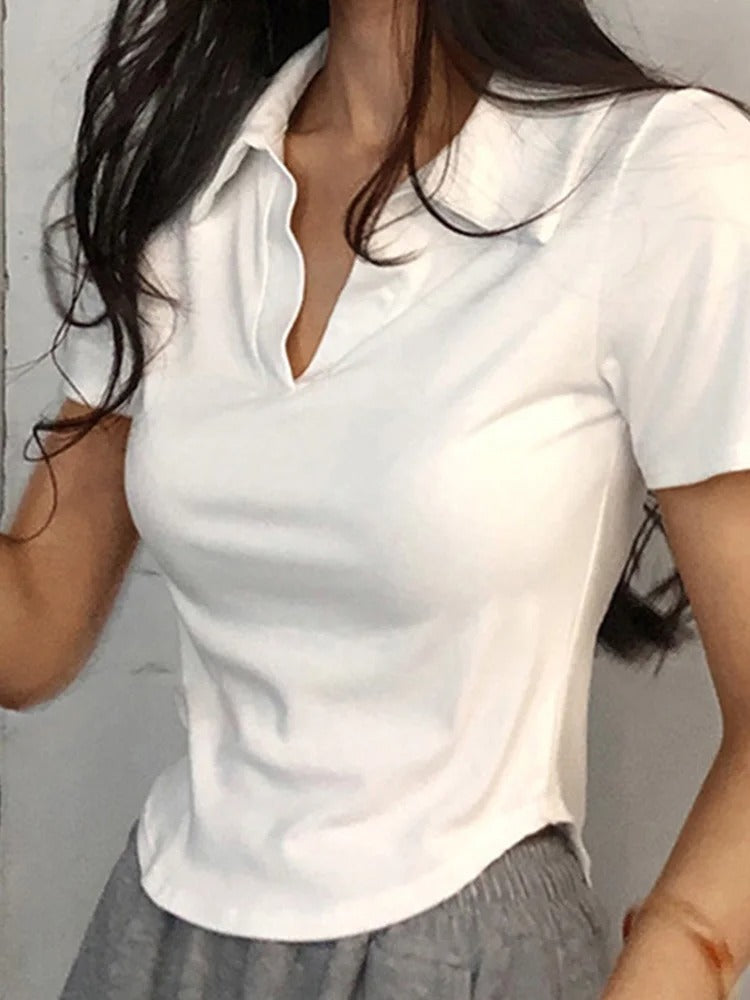 Top de manga corta para mujer con cuello en V