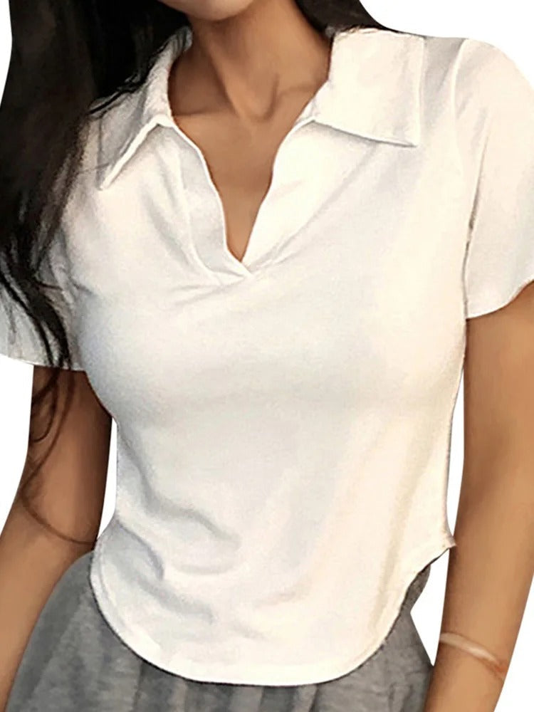 Top de manga corta para mujer con cuello en V