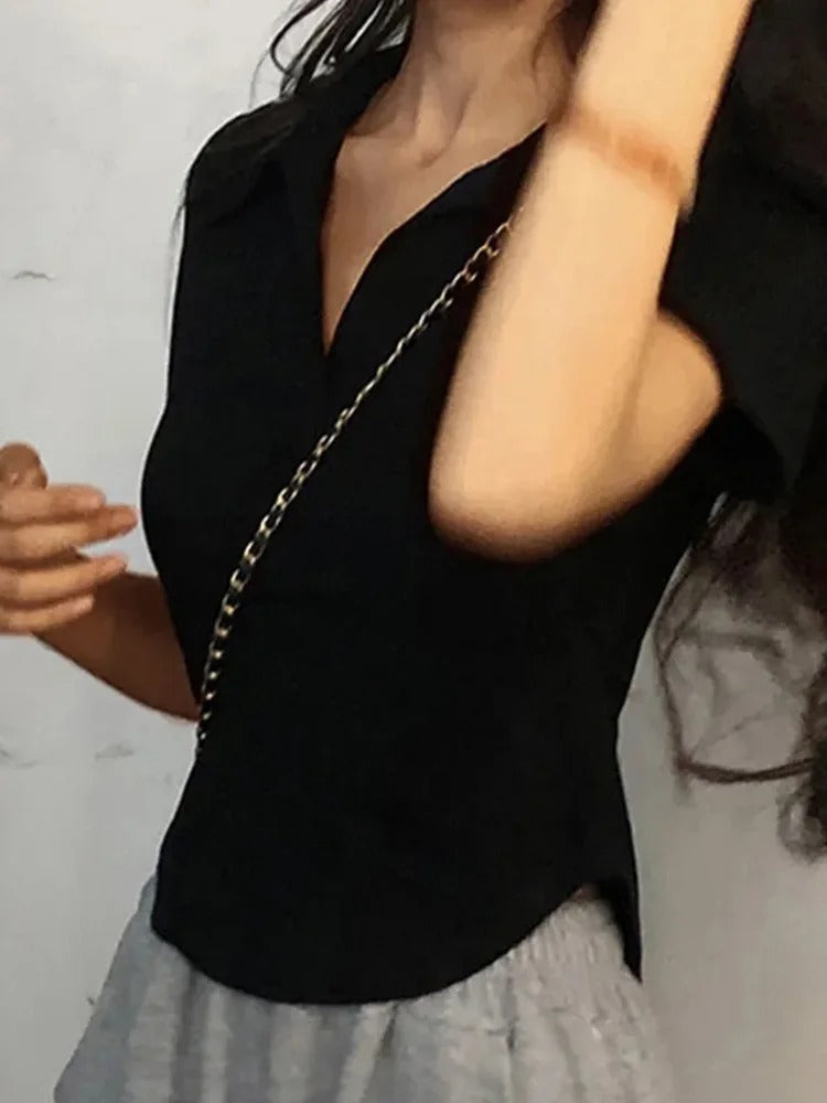 Top de manga corta para mujer con cuello en V