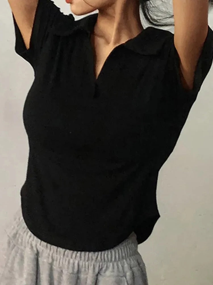 Top de manga corta para mujer con cuello en V