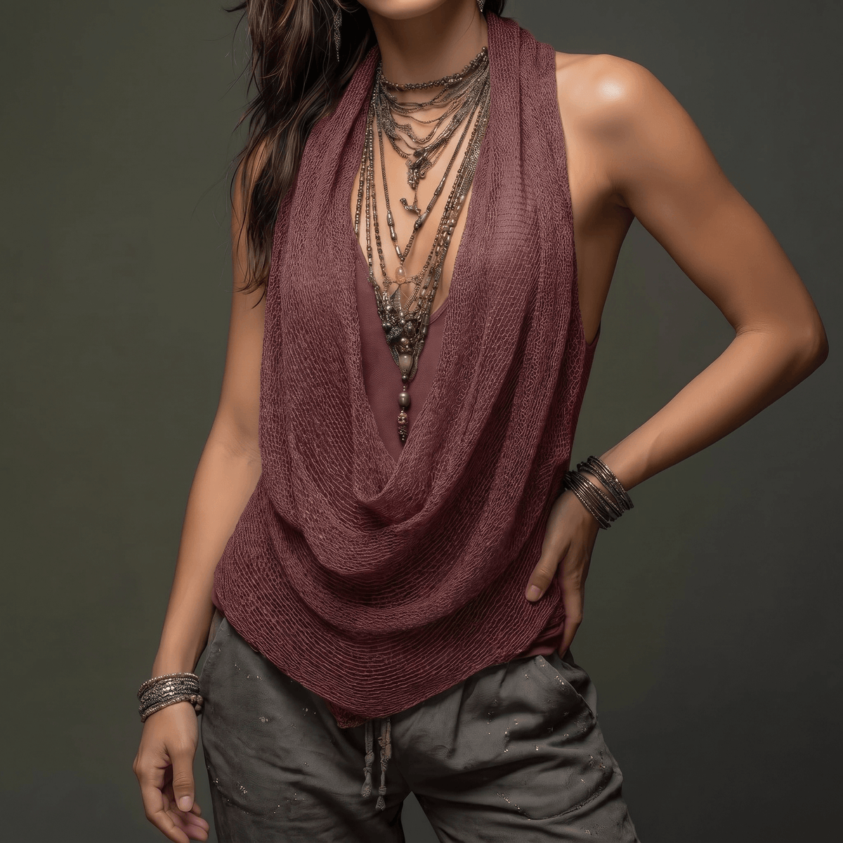 Top de punto sin mangas estilo halter con cuello desbocado drapeado