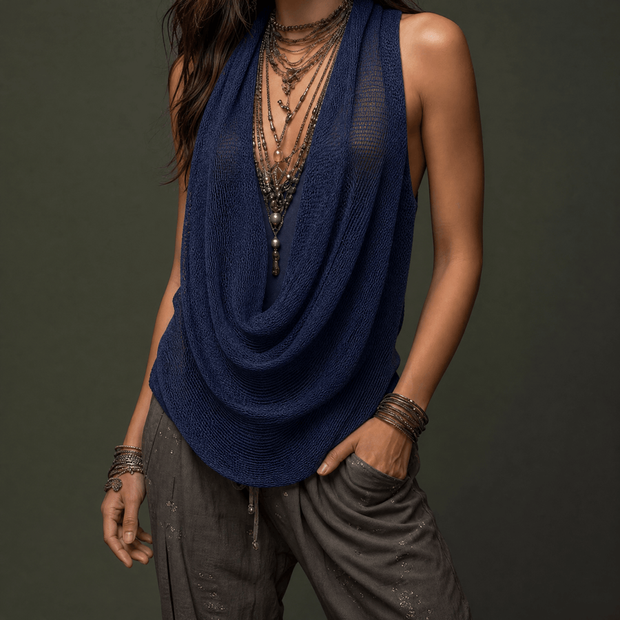 Top de punto sin mangas estilo halter con cuello desbocado drapeado
