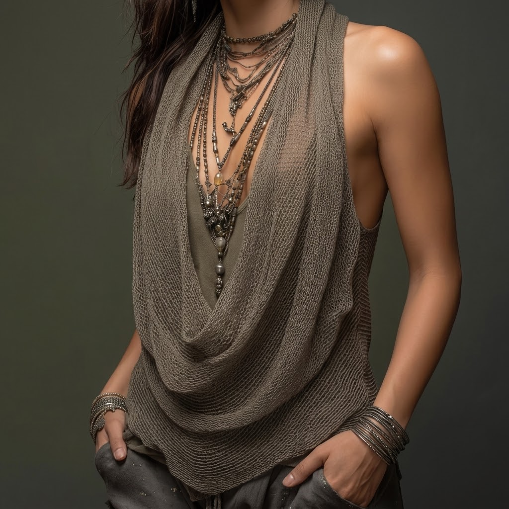 Top de punto sin mangas estilo halter con cuello desbocado drapeado