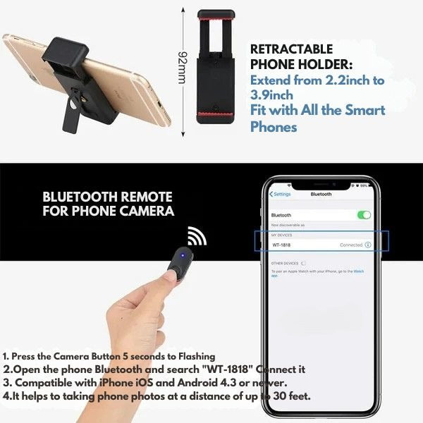 Trípode telescópico para teléfono con mando a distancia Bluetooth: palo selfie y soporte universal