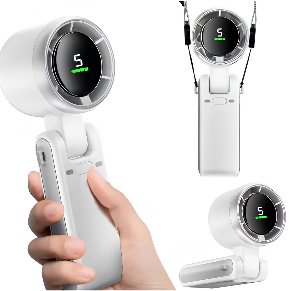 Ventilador de mano portátil con 5 velocidades y diseño plegable – Enfriador de aire personal recargable