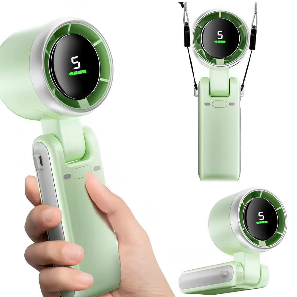 Ventilador de mano portátil con 5 velocidades y diseño plegable – Enfriador de aire personal recargable