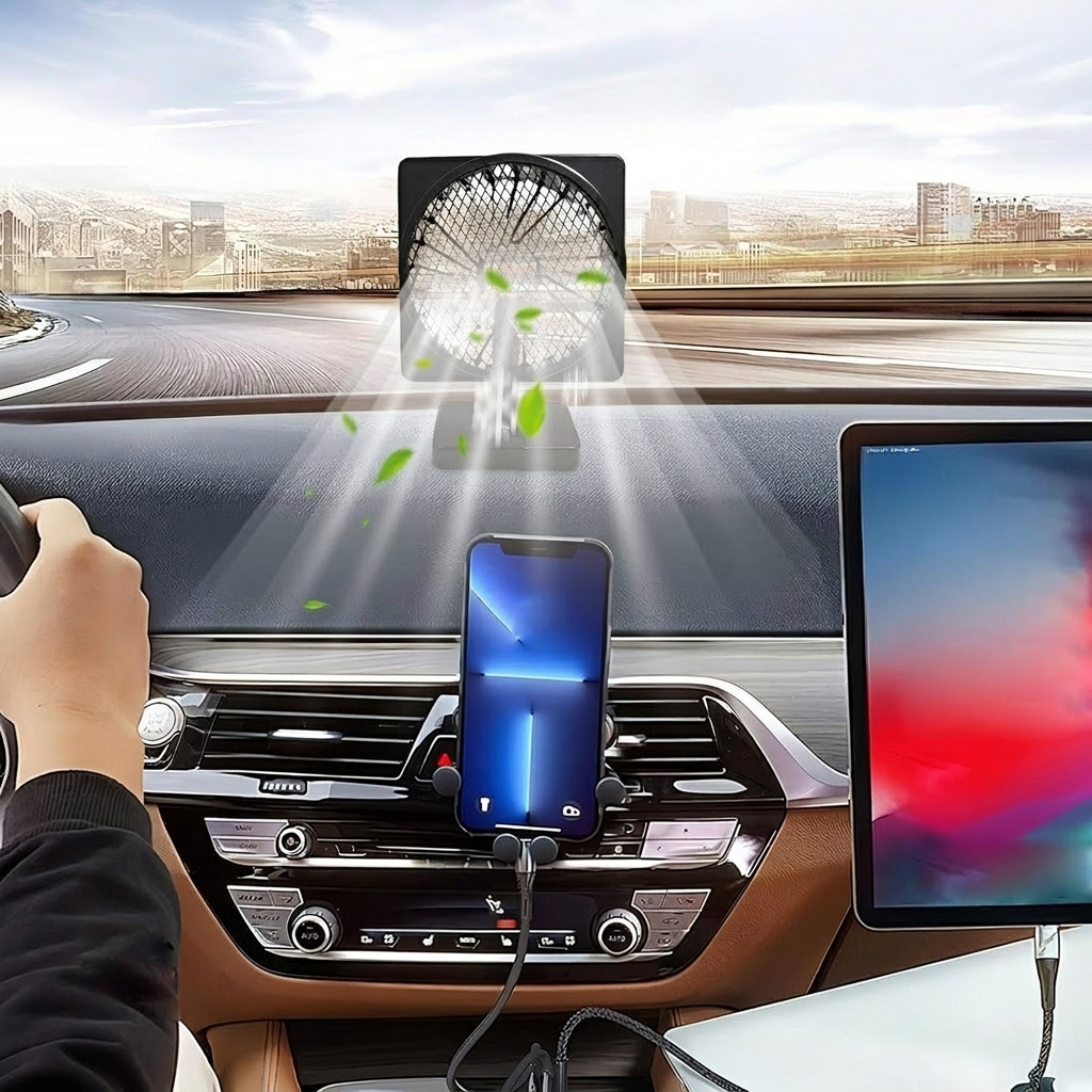 Ventilador portátil de 12V con nebulizador para coche y rotación de 360°