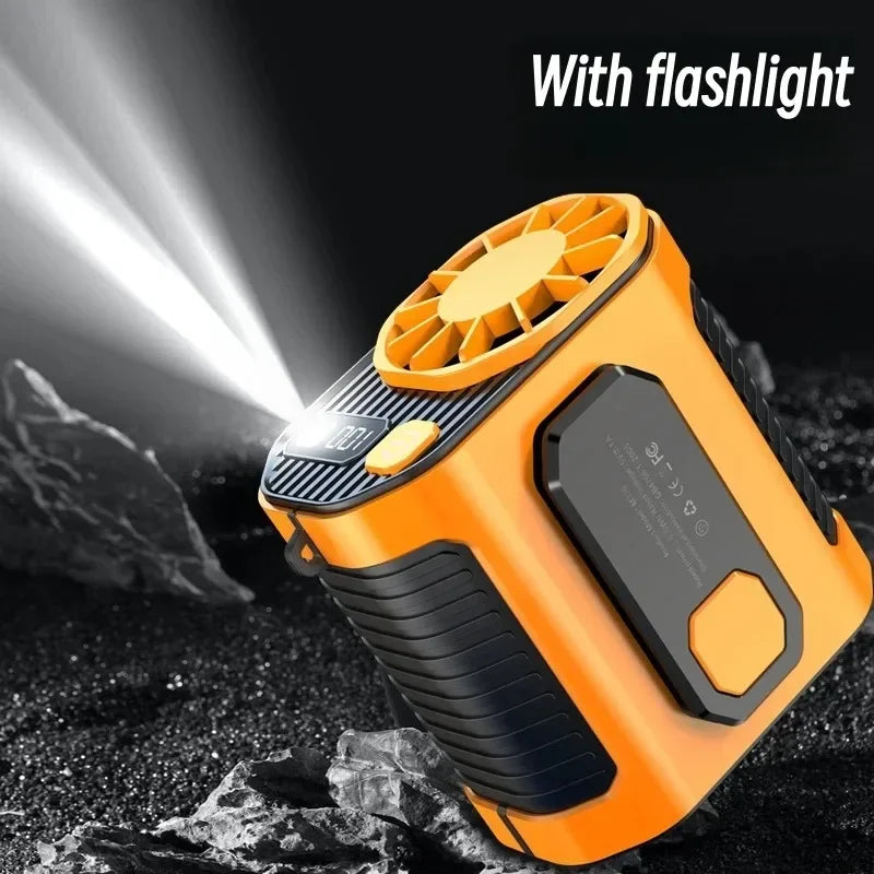 Ventilador portátil de cintura y cuello de 3600 mAh con potente flujo de aire, batería externa y luz LED para trabajo y actividades al aire libre