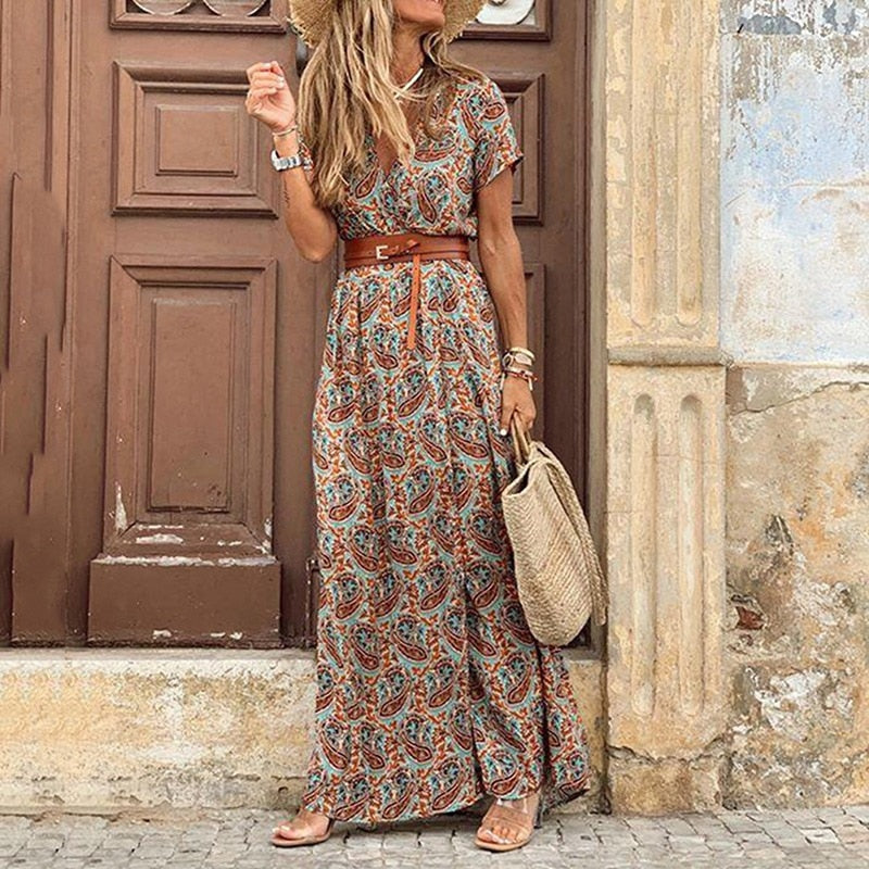 Vestido boho vintage para mujer con estampado versátil