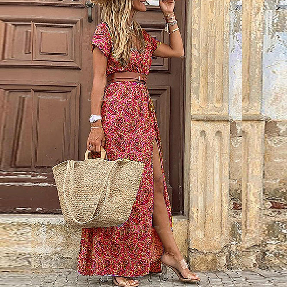Vestido boho vintage para mujer con estampado versátil
