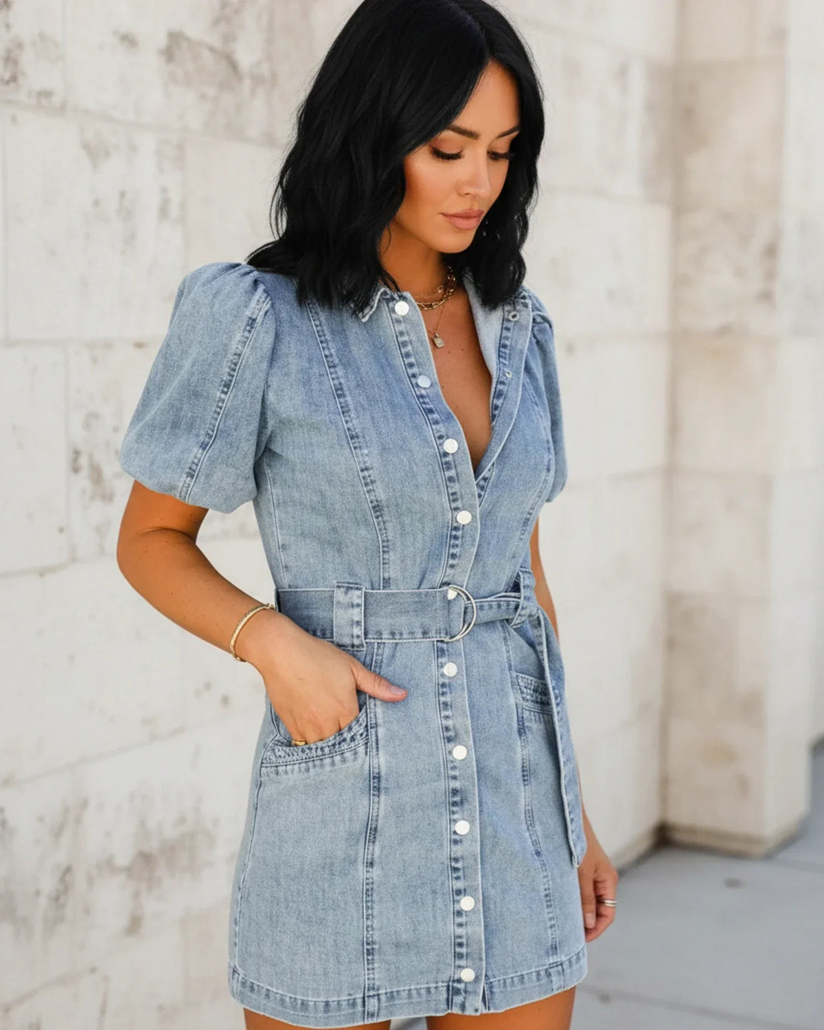 Vestido camisero corto para mujer con cinturón