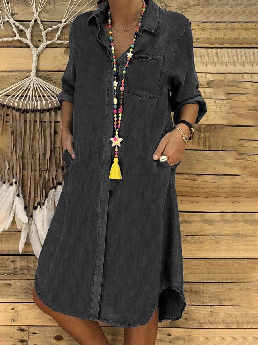 Vestido camisero de denim con manga larga