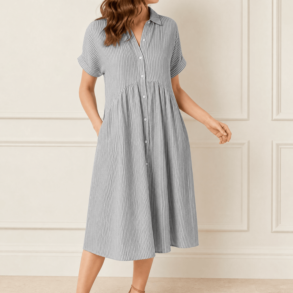 Vestido camisero midi a rayas con bolsillos