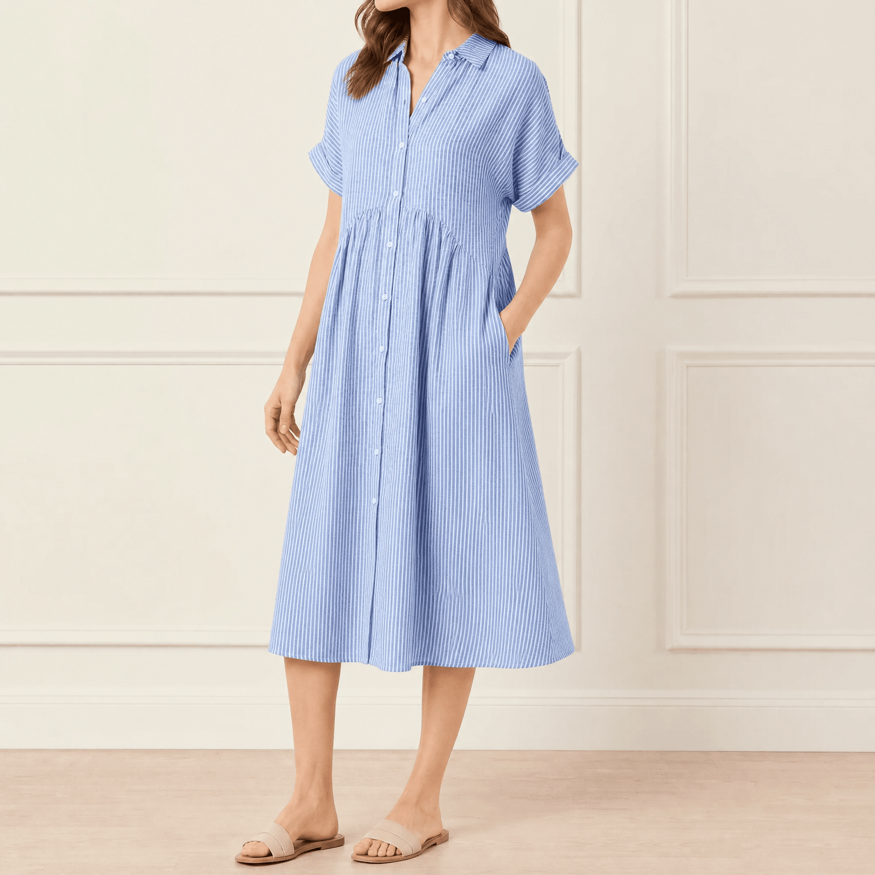 Vestido camisero midi a rayas con bolsillos