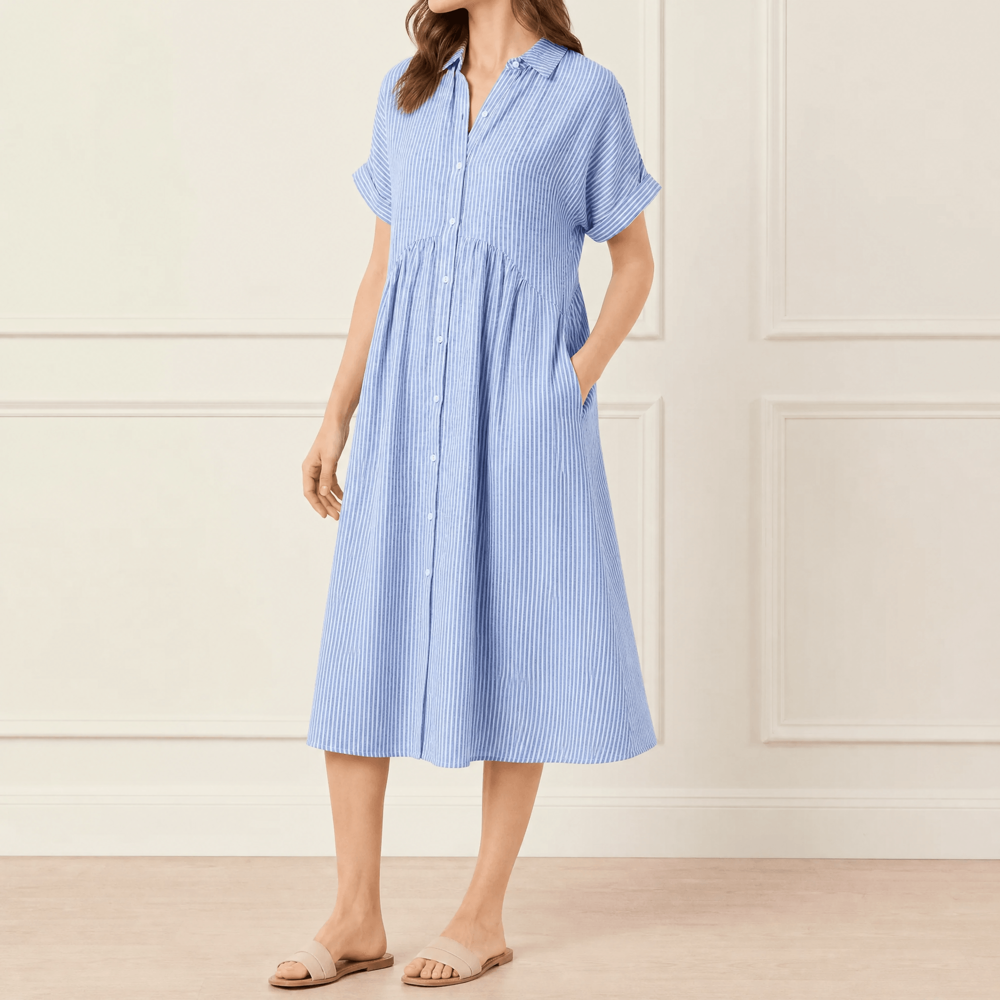Vestido camisero midi a rayas con bolsillos