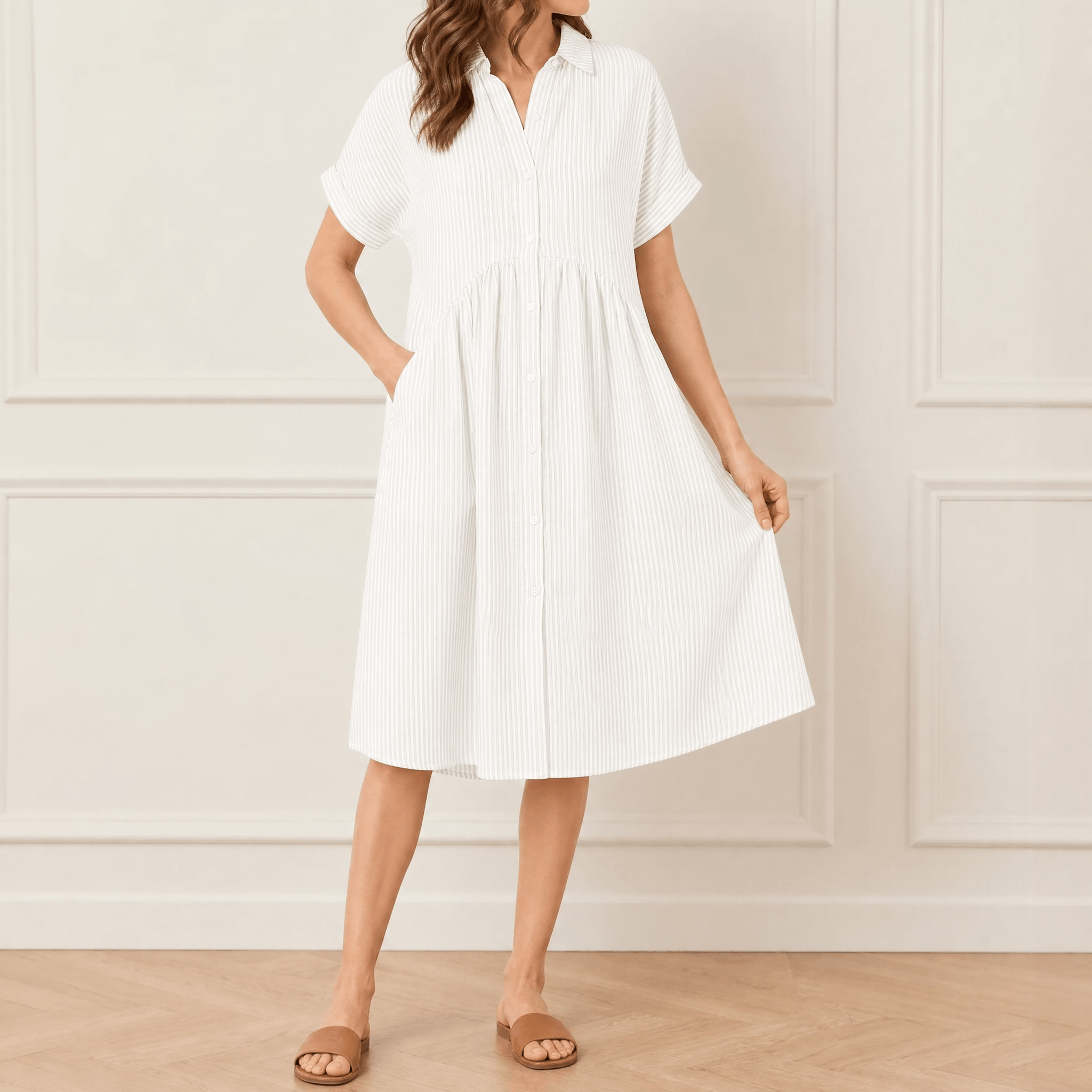 Vestido camisero midi a rayas con bolsillos