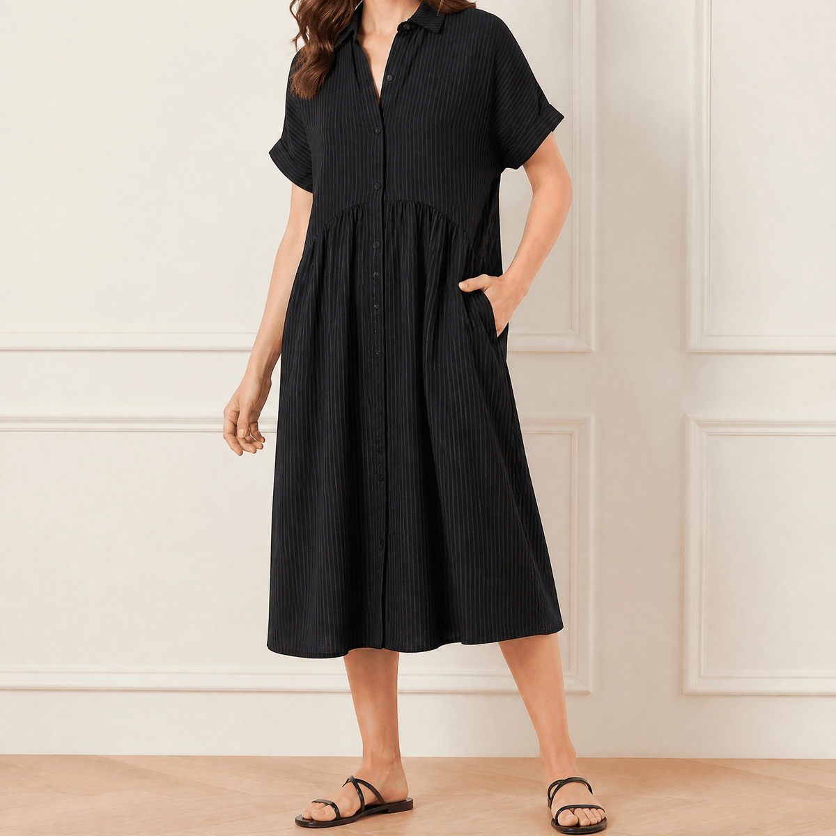 Vestido camisero midi a rayas con bolsillos