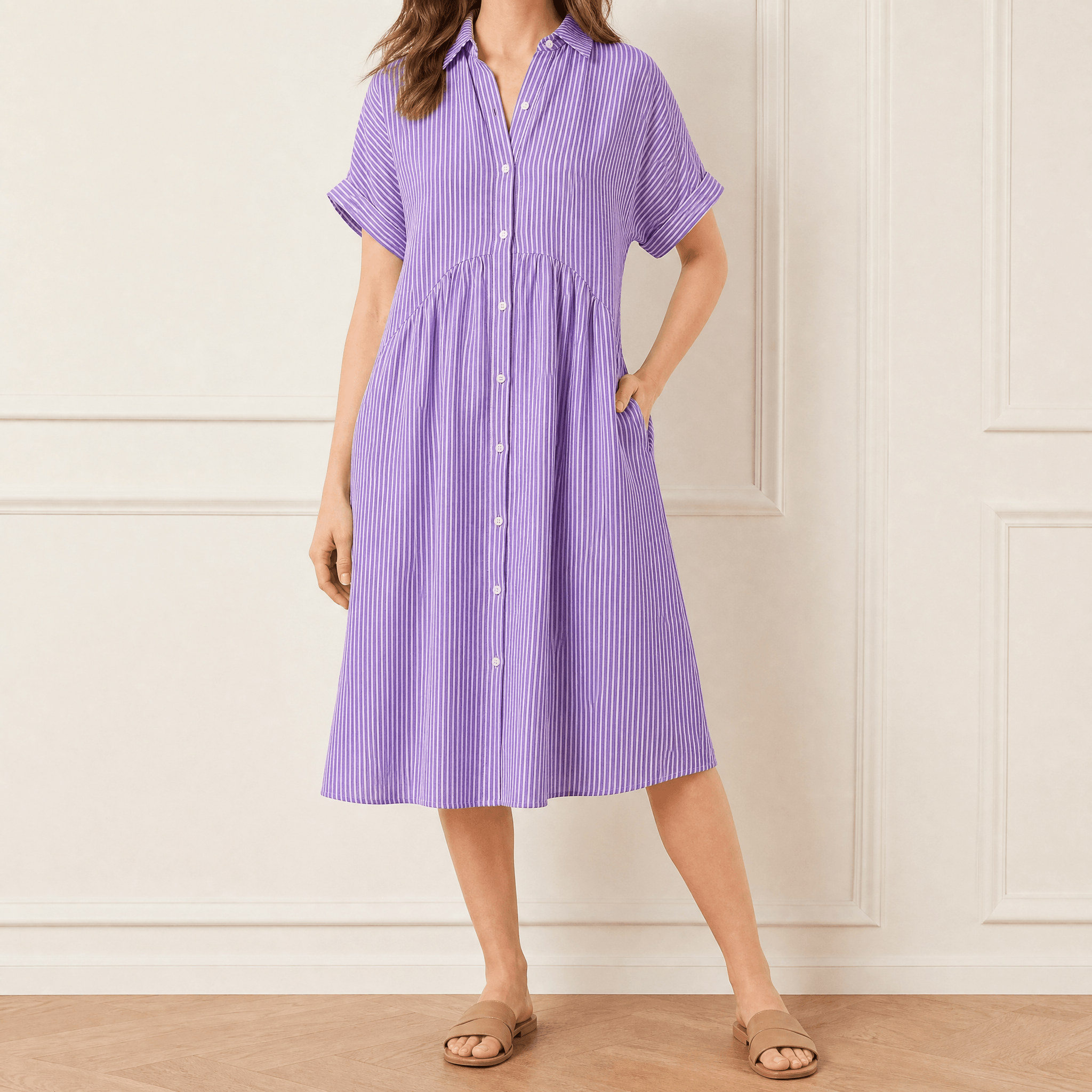 Vestido camisero midi a rayas con bolsillos
