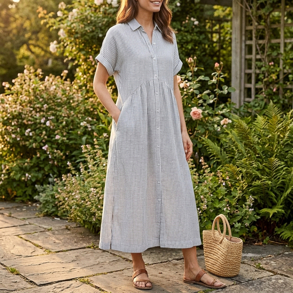 Vestido camisero midi a rayas con bolsillos
