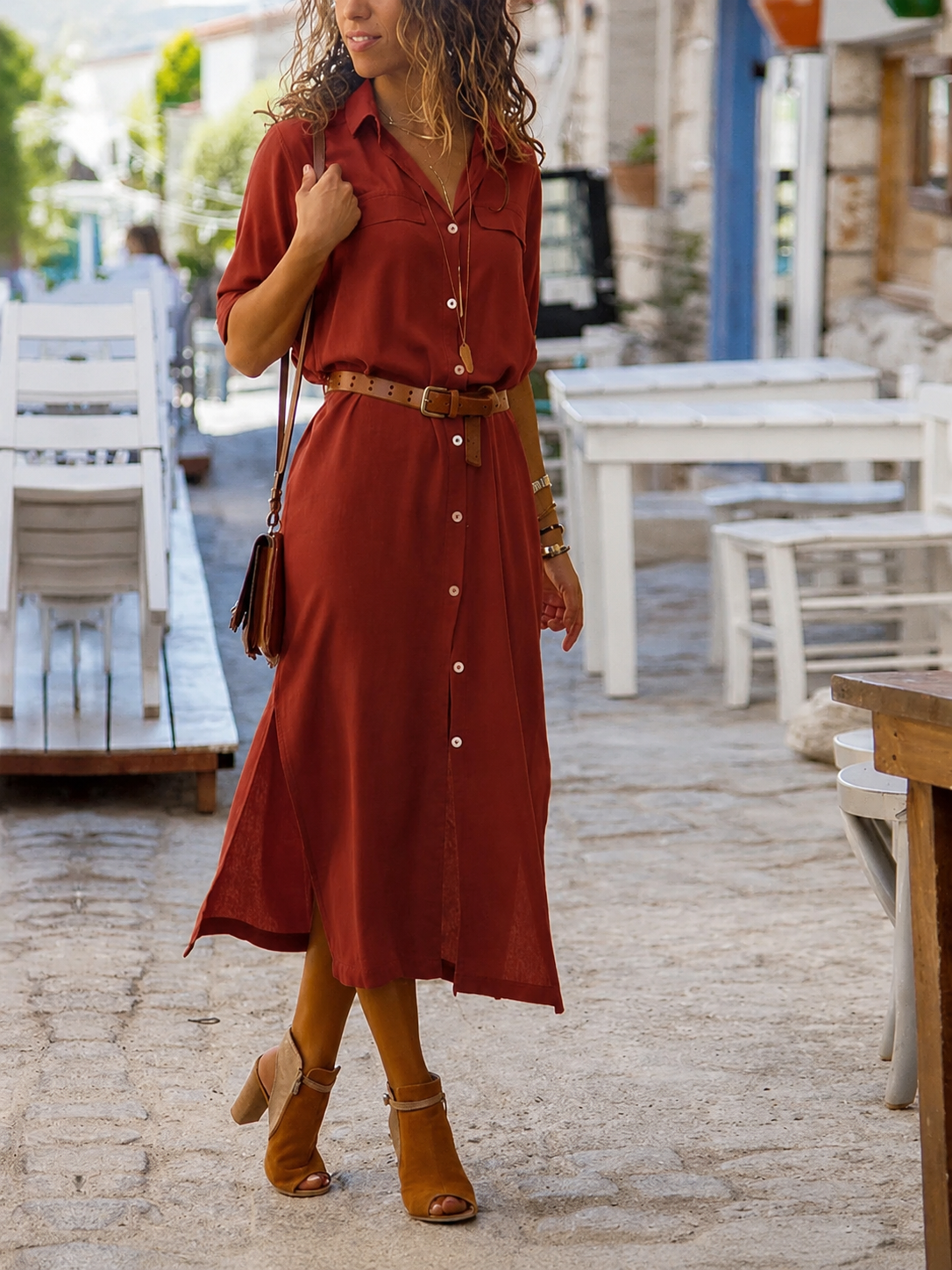 Vestido camisero midi con cinturón para mujer
