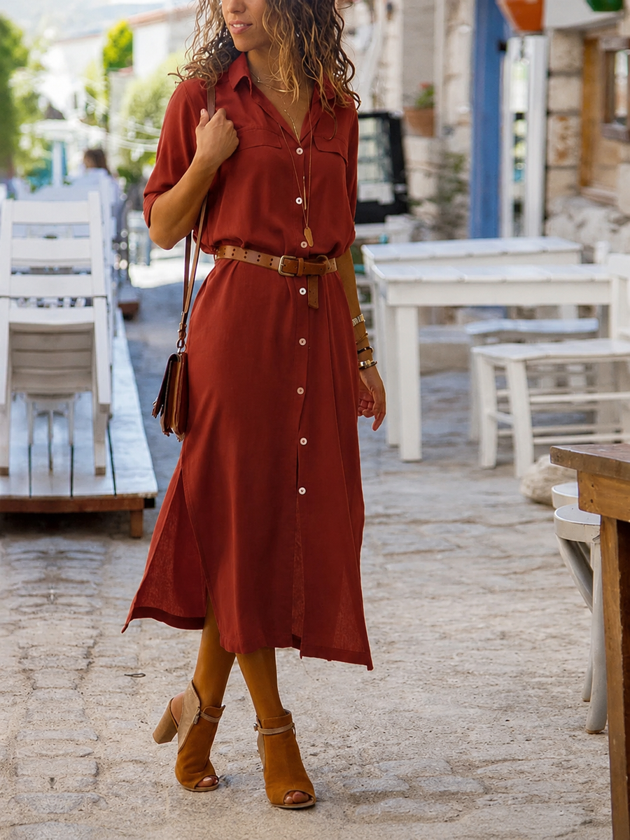 Vestido camisero midi con cinturón para mujer