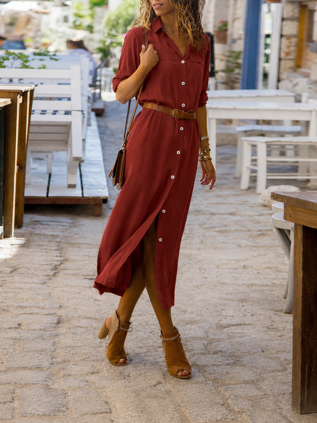 Vestido camisero midi con cinturón para mujer
