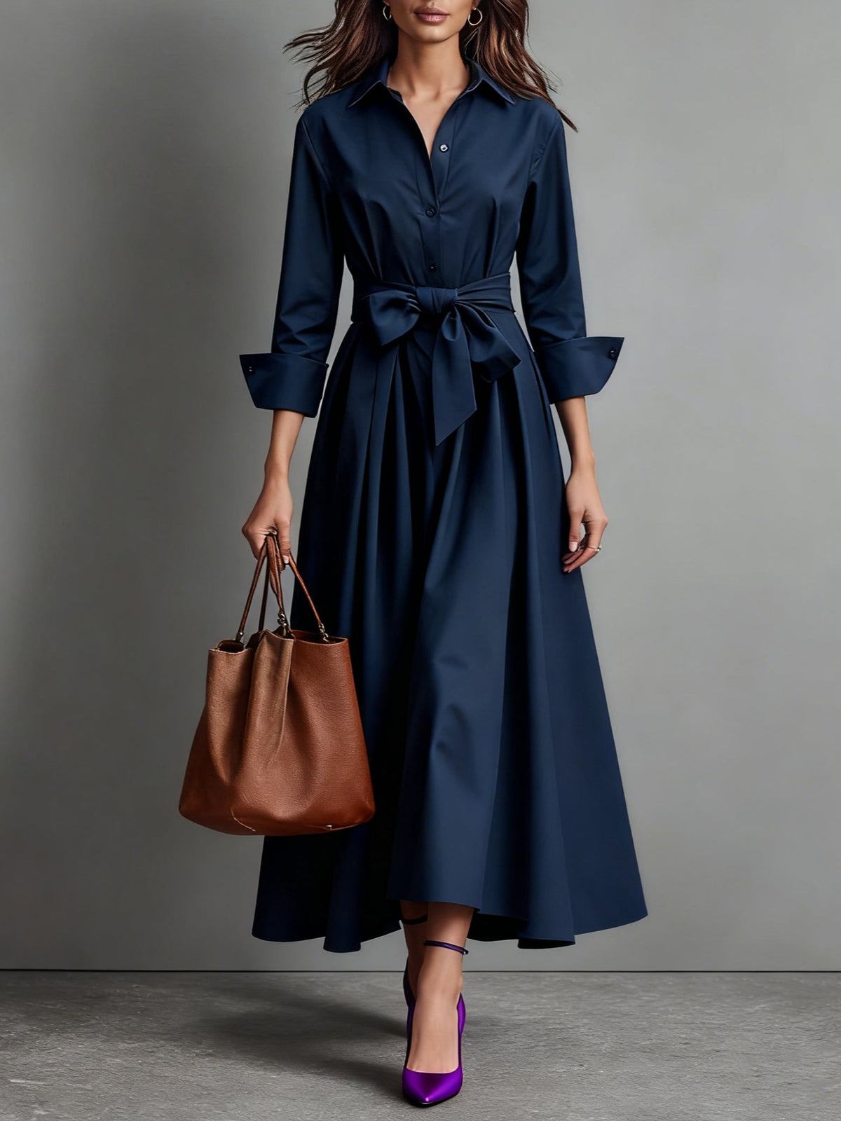 Vestido camisero midi para mujer con cinturón