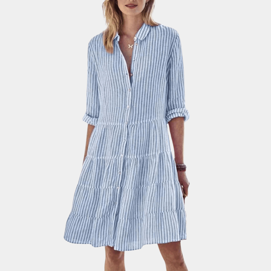 Vestido camisero mini a rayas con volantes escalonados