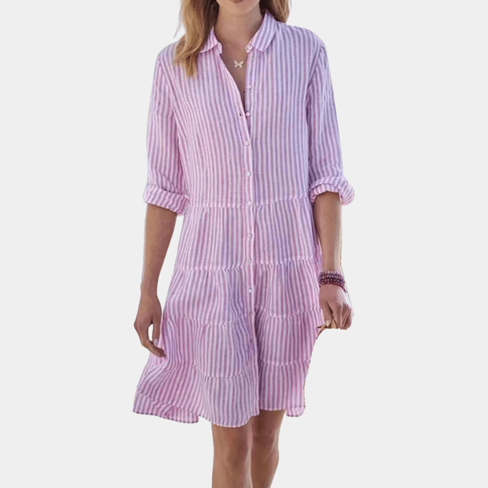 Vestido camisero mini a rayas con volantes escalonados